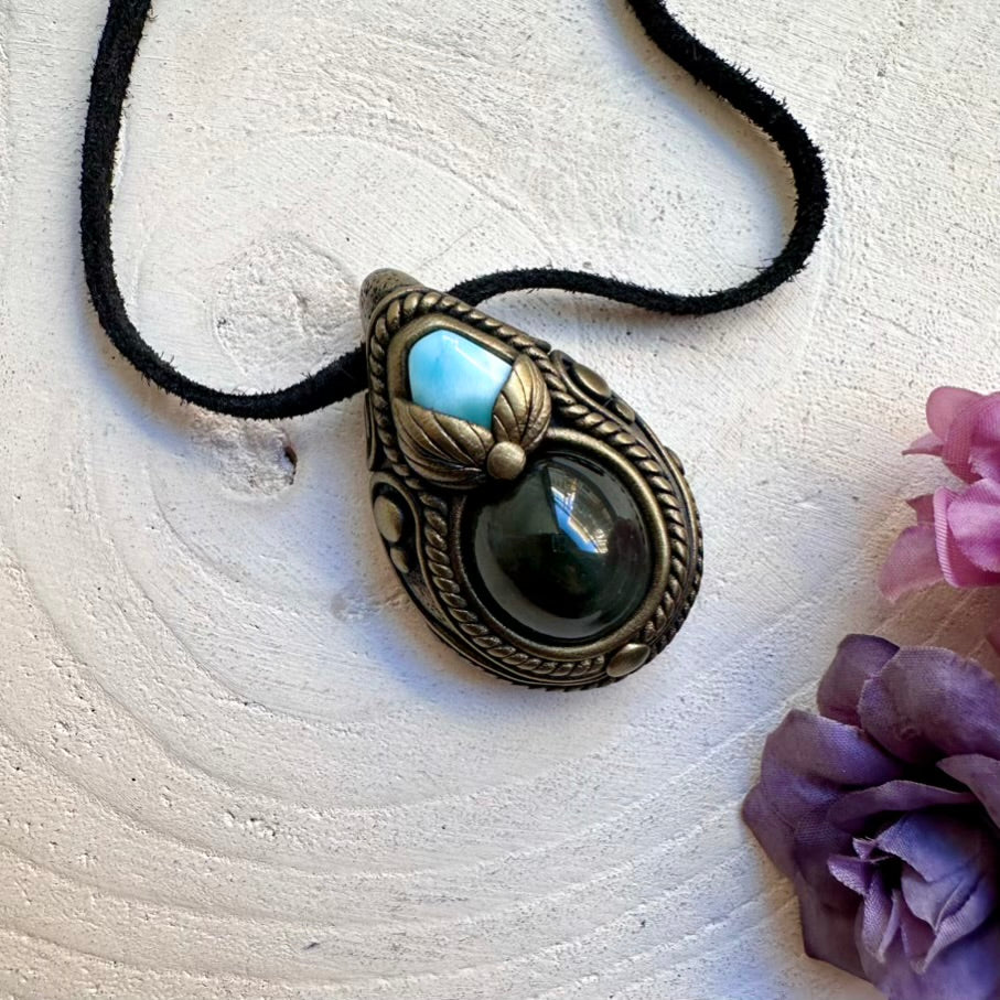 Spiritual protection necklace featuring natural imperfect Rainbow Obsidian rainbow sheen and soothing Larimar energy.