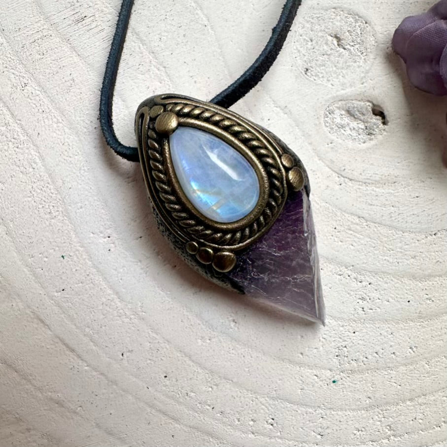 Natural raw Fluorite crystal with feminine intuition Rainbow Moonstone glow, one-of-a-kind handmade necklace.