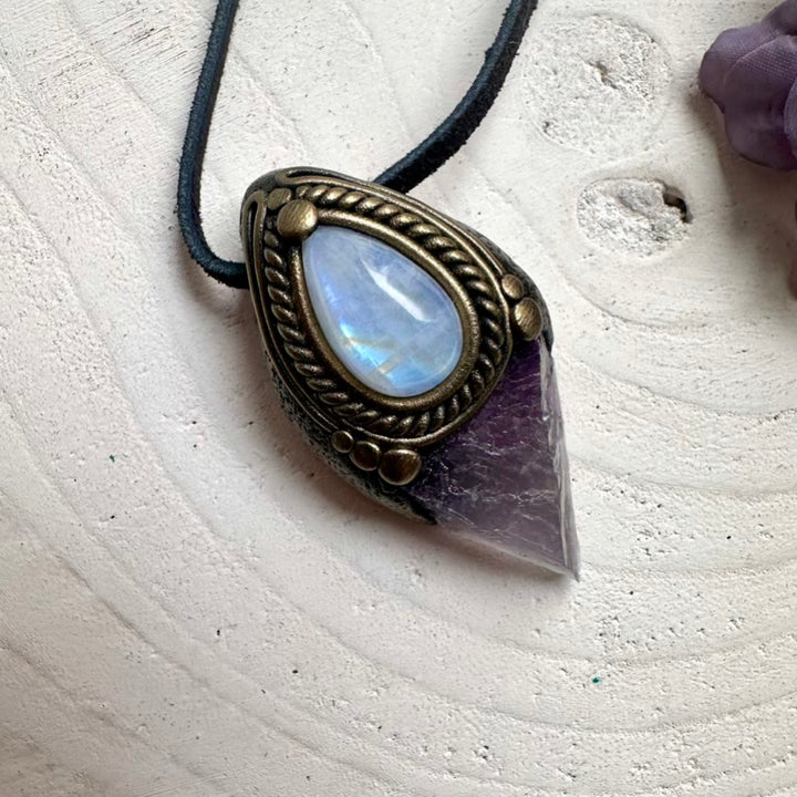 Natural raw Fluorite crystal with feminine intuition Rainbow Moonstone glow, one-of-a-kind handmade necklace.