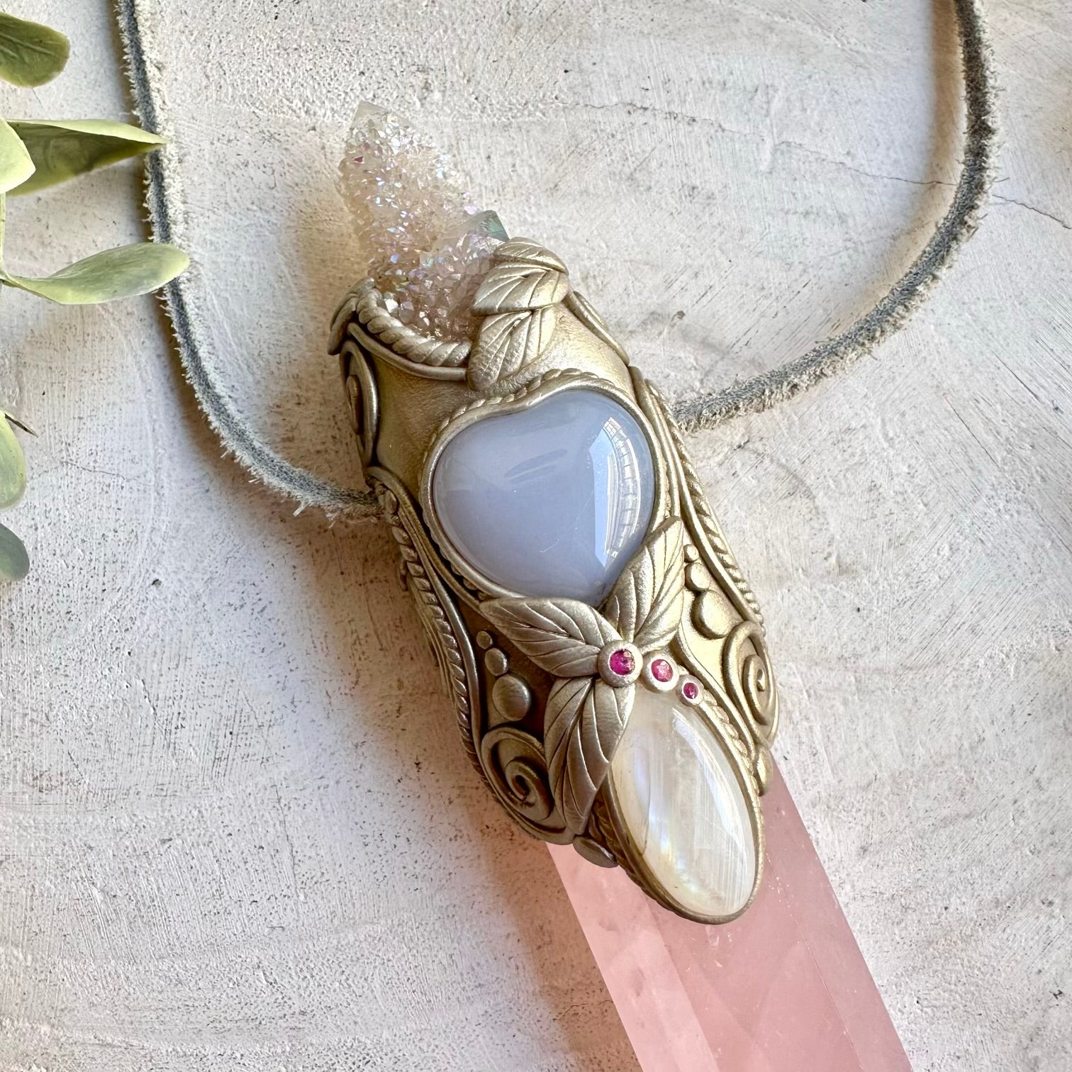 One of a kind spiritual wand pendant featuring Rose Quartz, Blue Chalcedony, Moonstone and Ruby.