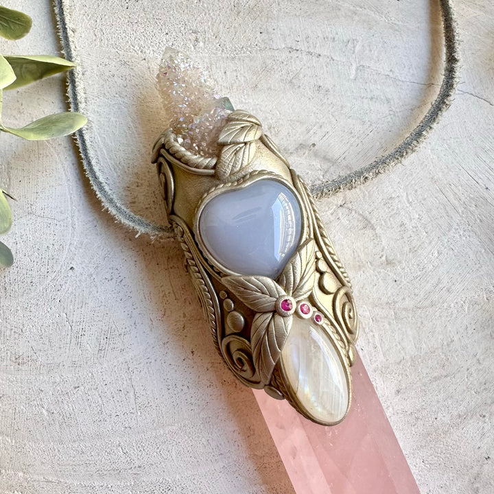 One of a kind spiritual wand pendant featuring Rose Quartz, Blue Chalcedony, Moonstone and Ruby.