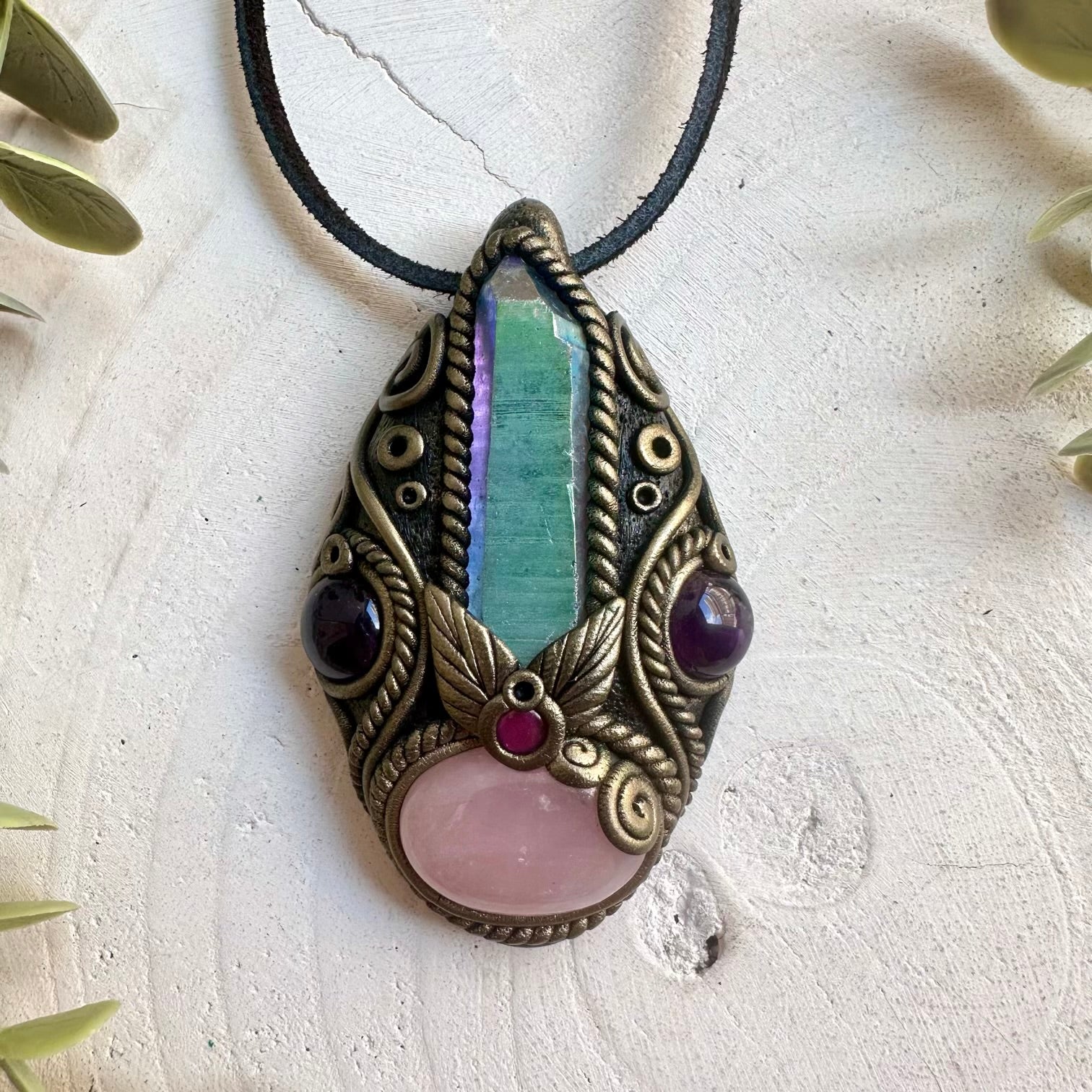 Rose Quartz pendant necklace handcrafted with Angel Aura Quartz Point, Amethyst and Rhodolite Garnet natural gemstones.