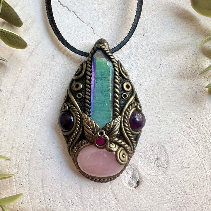 Rose Quartz pendant necklace handcrafted with Angel Aura Quartz Point, Amethyst and Rhodolite Garnet natural gemstones.