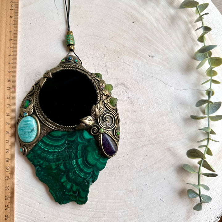 Handmade natural Malachite wall hanging with a Black Obsidian mirror, Amazonite, Amethyst, Peridot and Black Ethiopian Opal.