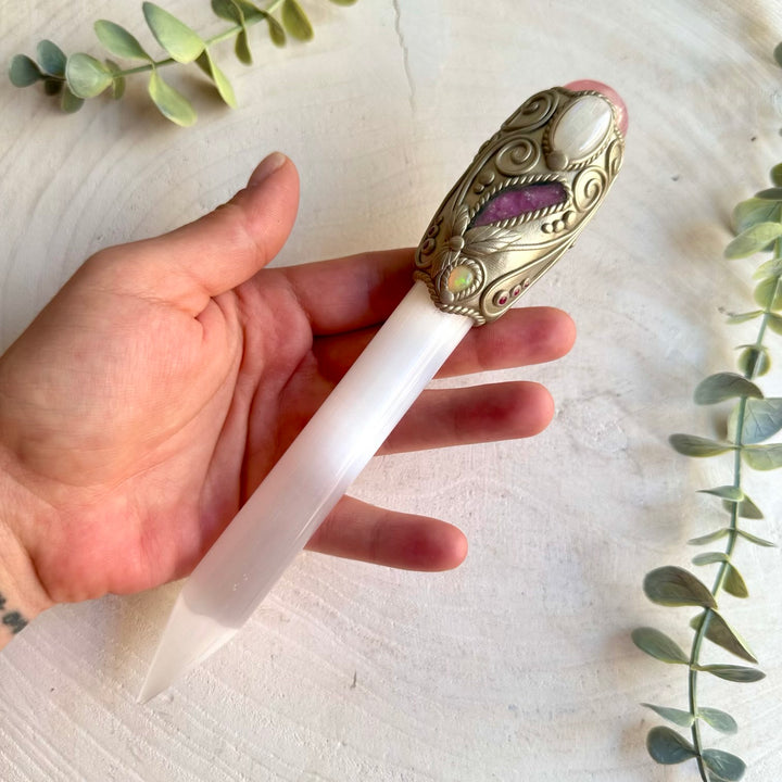 One of a kind healing crystal wand with Selenite, Rose Quartz, Moonstone and Watermelon Tourmaline.