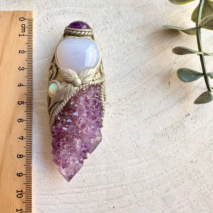 Handmade crystal wand pendant necklace featuring Spirit Quartz, Blue Chalcedony Heart, Amethyst and Ethiopian Opal.