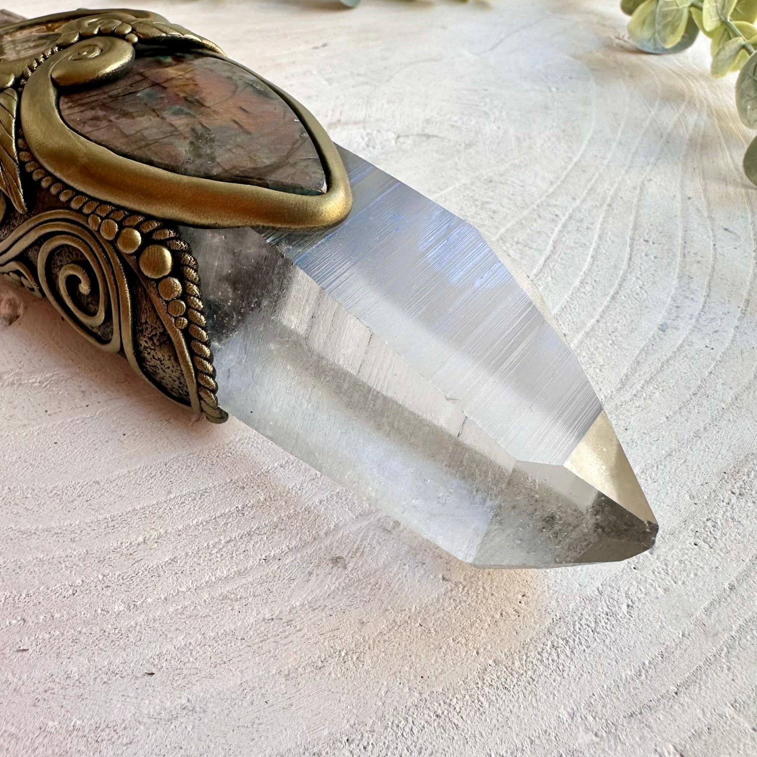 Spiritual crystal wand featuring Lemurian Seed Quartz, Moldavite Peridot Ammonite and Labradorite