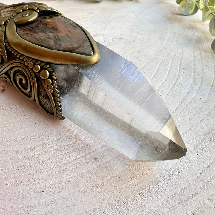 Spiritual crystal wand featuring Lemurian Seed Quartz, Moldavite Peridot Ammonite and Labradorite