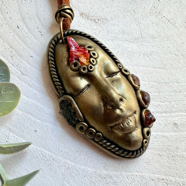 Statement spiritual gemstone jewelry combining red Vanadinite with green Moldavite and warm Hessonite Garnet.