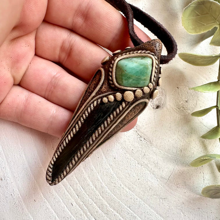 Unique healing crystal necklace with natural Vivianite and Emerald gemstones