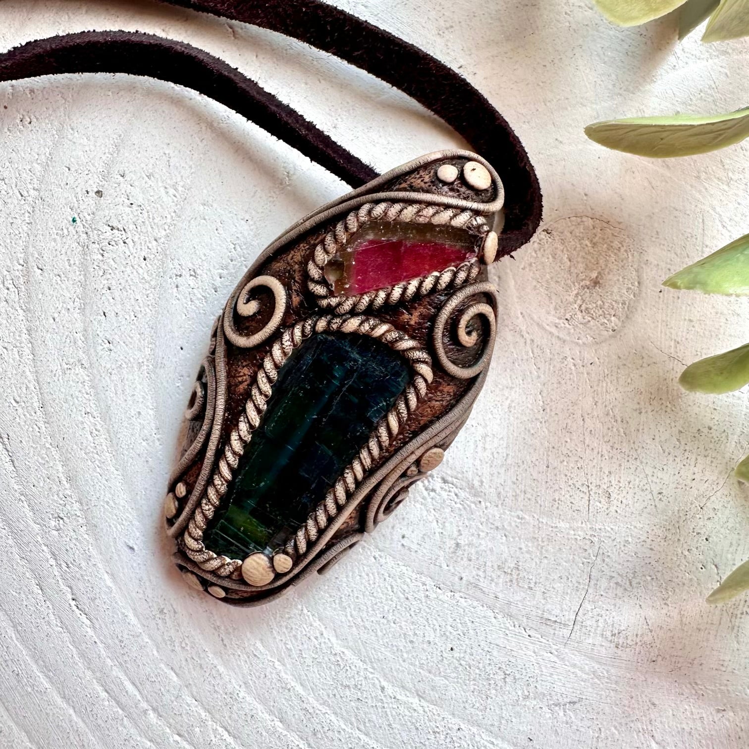 Protection amulet necklace with Vivianite and Watermelon Tourmaline natural healing crystals