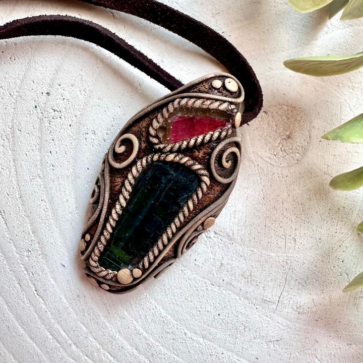 Protection amulet necklace with Vivianite and Watermelon Tourmaline natural healing crystals