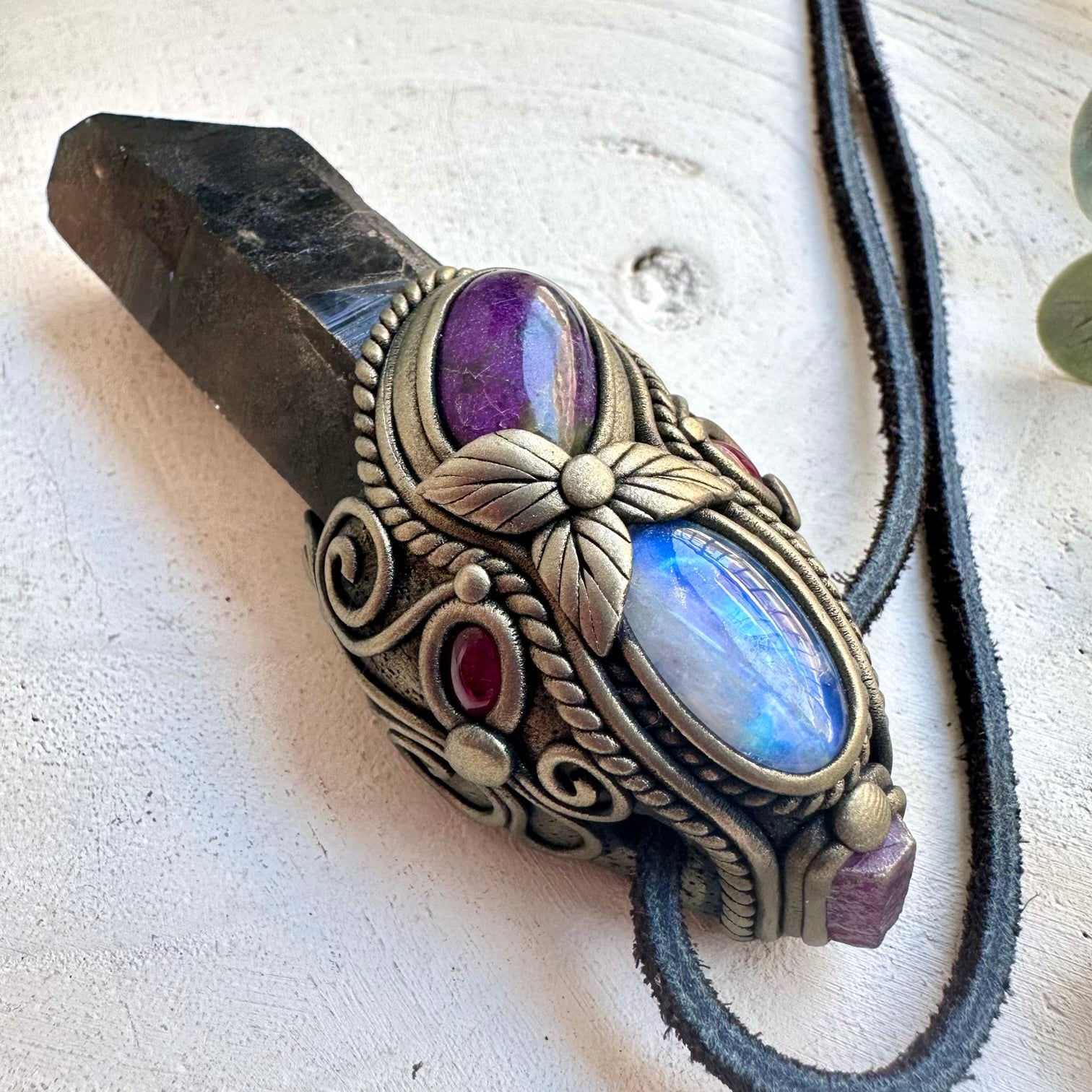Smoky quartz ruby healing crystal wand necklace
