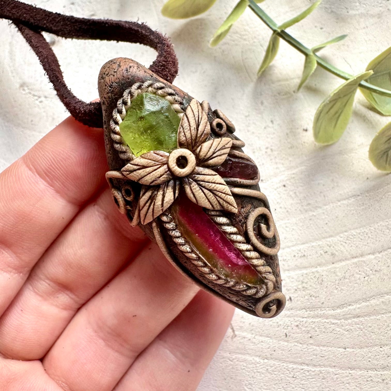 Unique handmade gemstone necklace with vibrant pink, green and red natural crystals.
