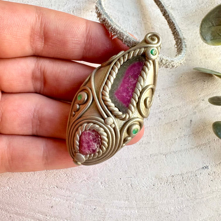 Unique gemstone pendant featuring natural Watermelon Tourmaline, Raw Spinel and Emerald accents.