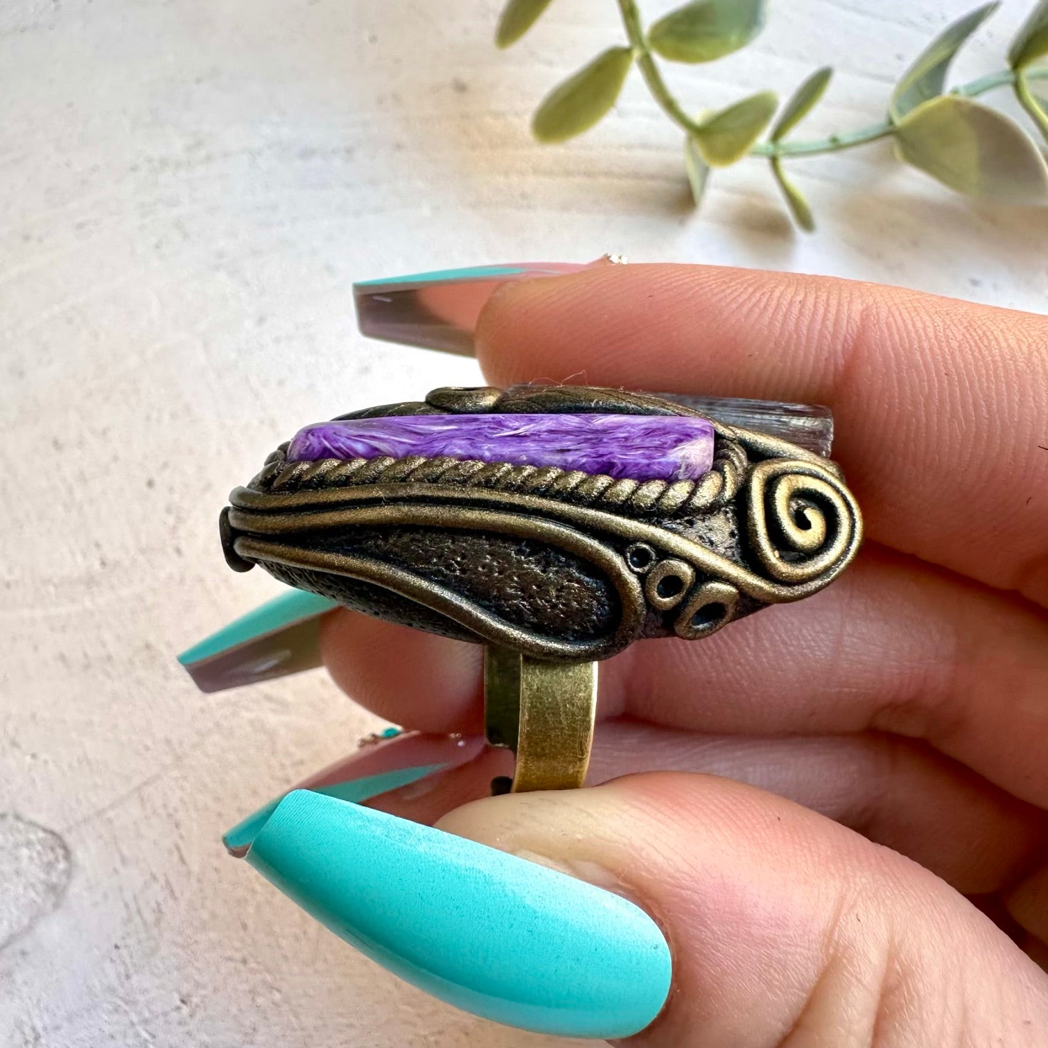 Spiritual jewelry ring combining aquamarine charoite and opal