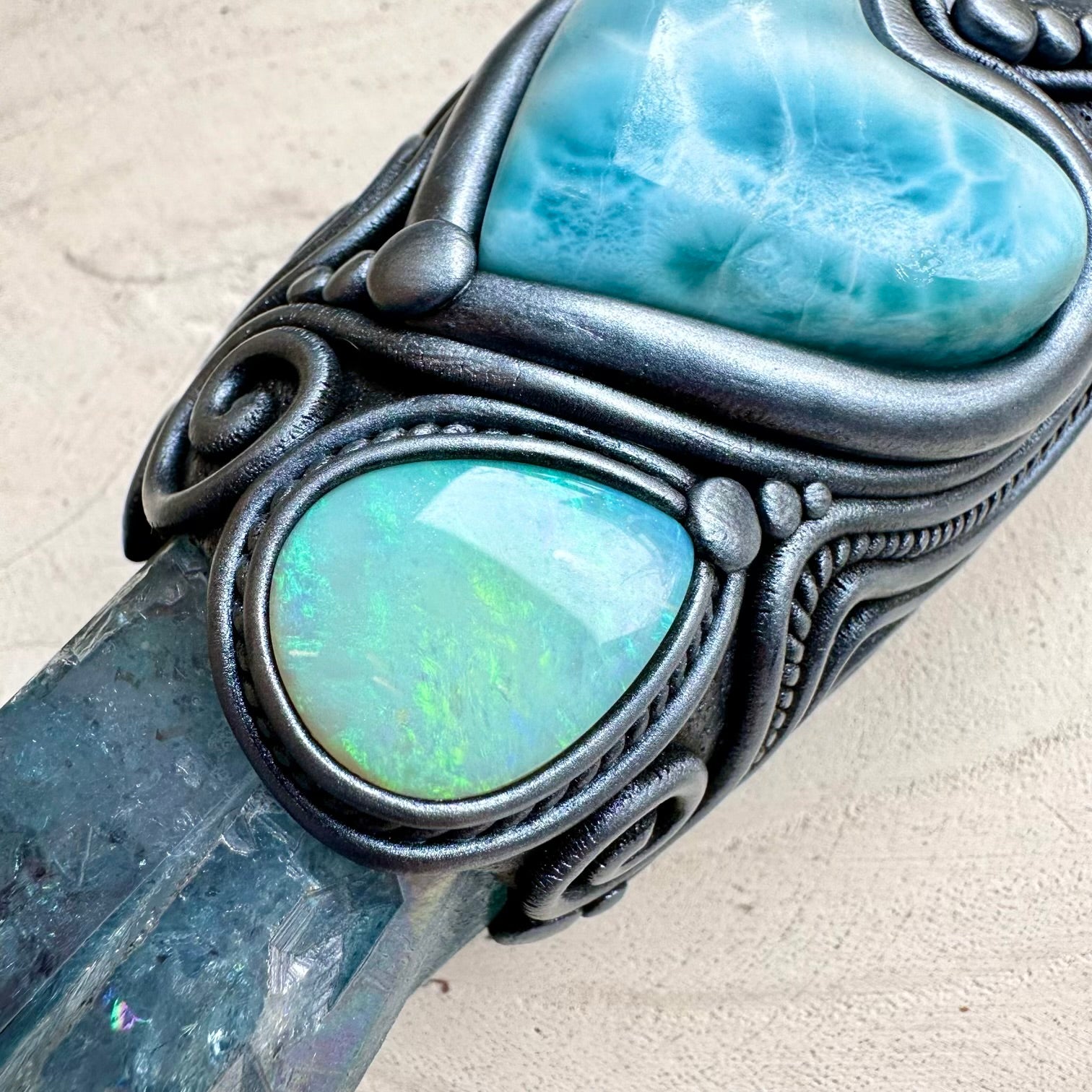 Energy tool crystal wand with aura quartz and gemstones