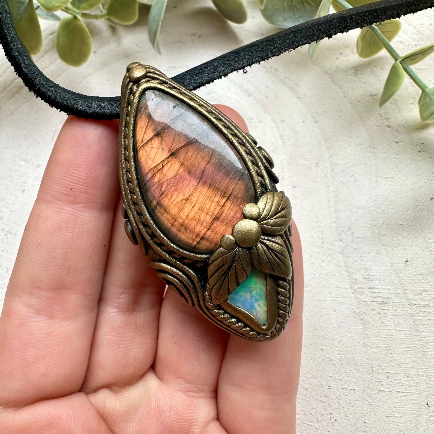 Natural gemstone necklace with labradorite and opal