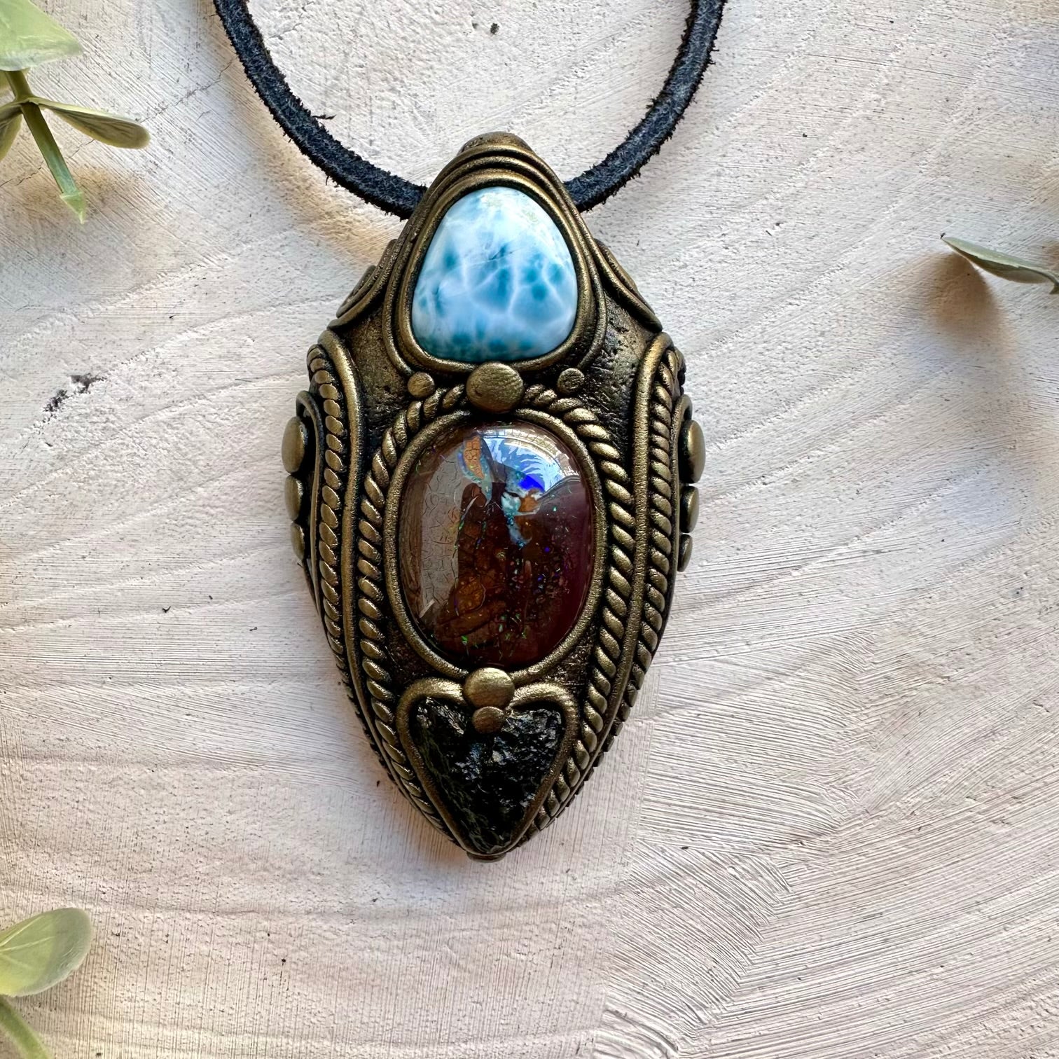 Handmade necklace with boulder opal larimar and moldavite