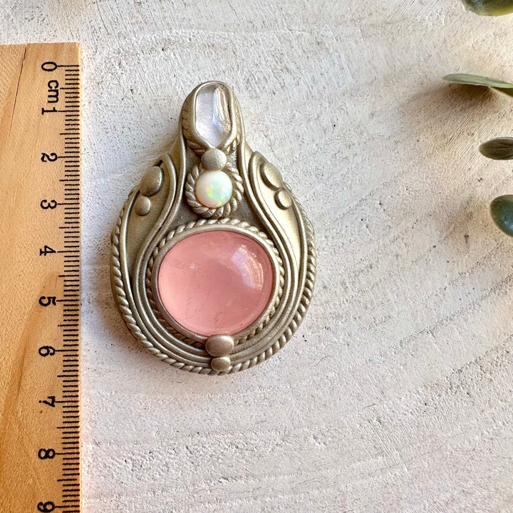Handmade pendant necklace featuring Rose Quartz, Danburite and Ethiopian Opal gemstones.