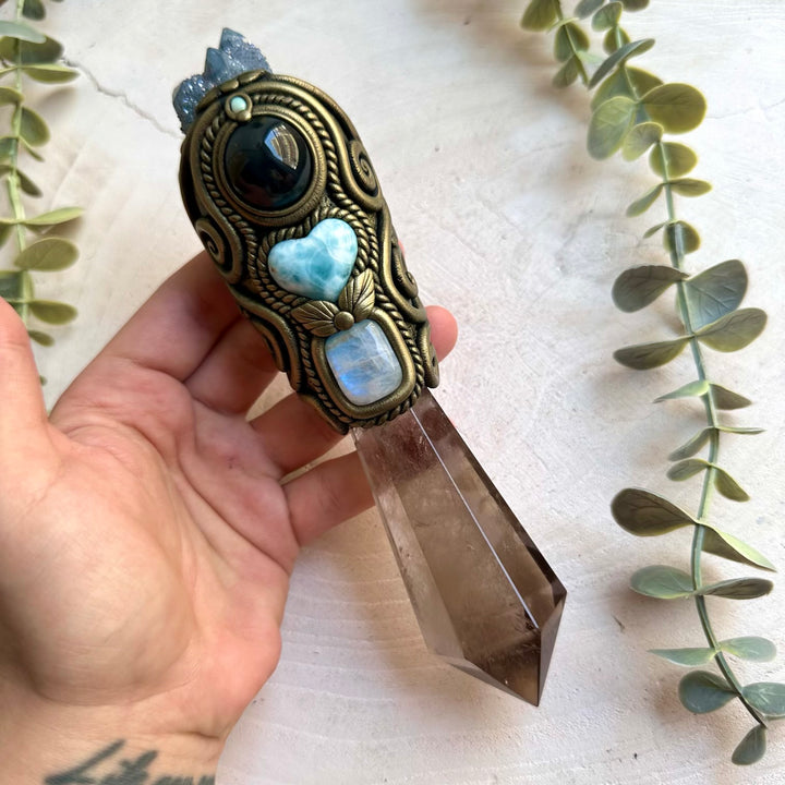 Unique healing crystal wand with Smoky Quartz, shimmering Spirit Quartz and colorful natural gemstones.