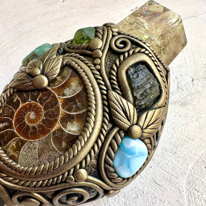 Handmade ritual wand combining Citrine, Larimar and Emerald in a one of a kind clay creation setting.