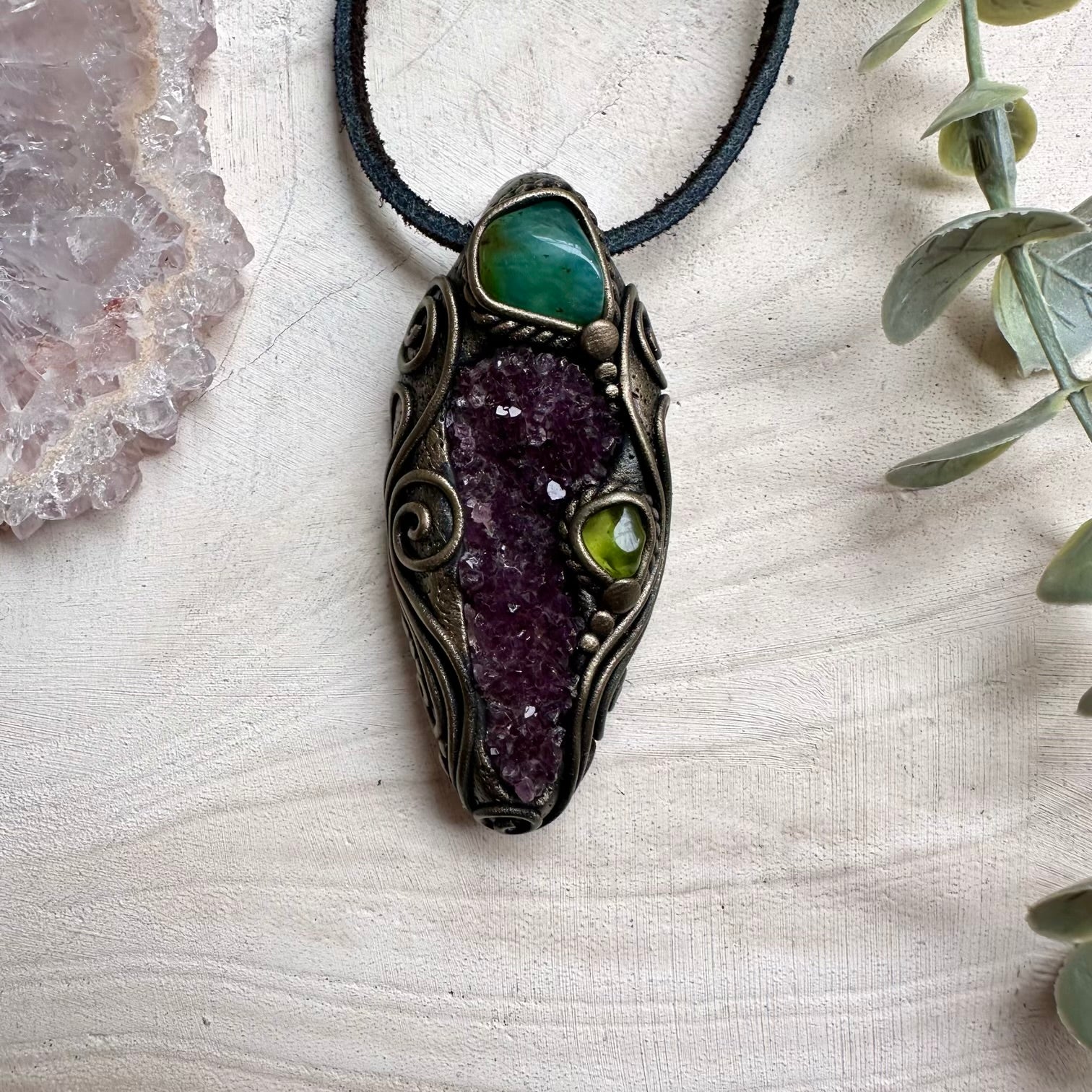 Handmade necklace with amethyst cluster and chrysoprase