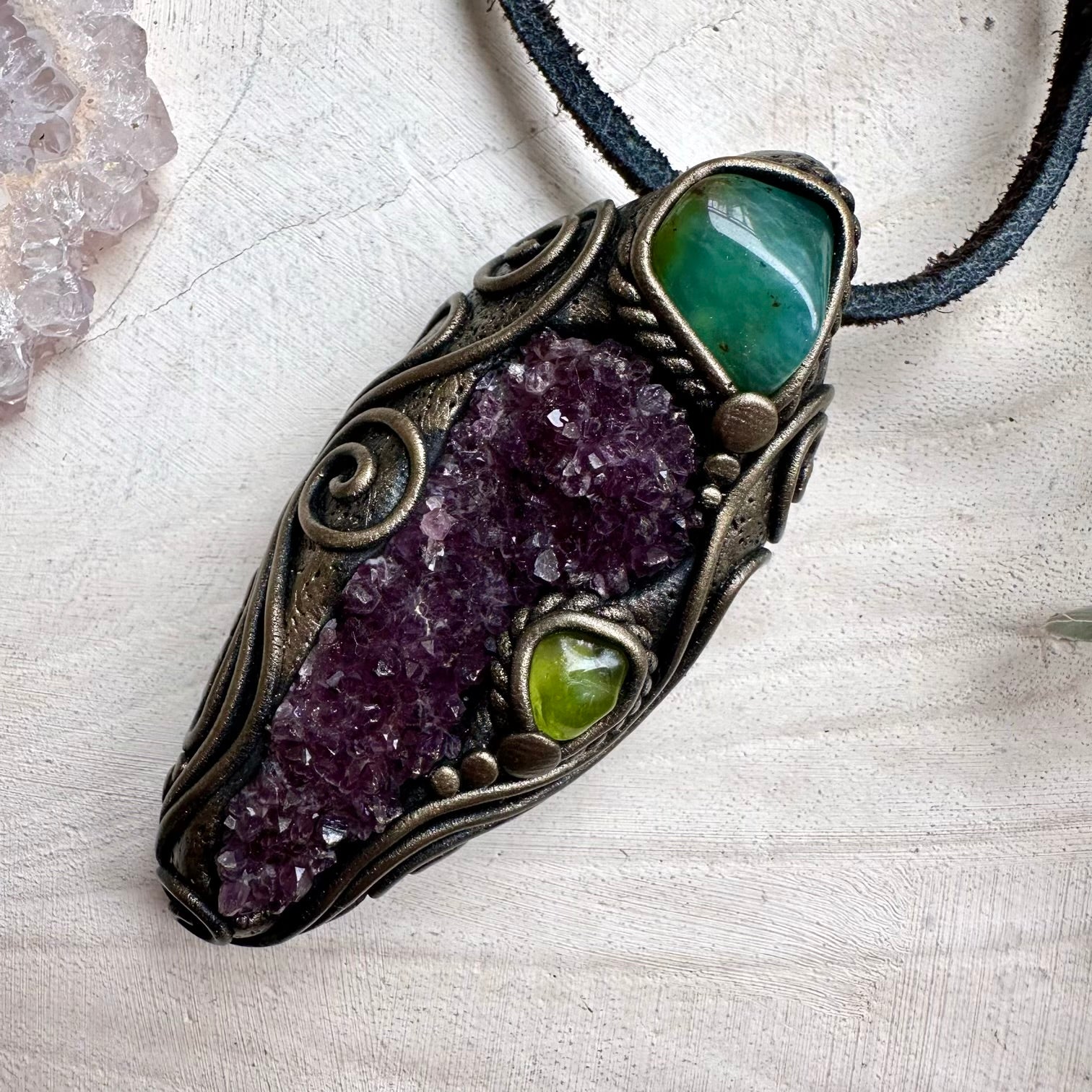 One of a kind amethyst cluster gemstone necklace