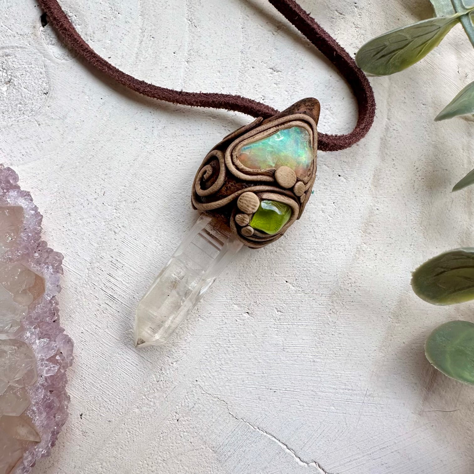 Spiritual jewelry combining quartz opal and peridot