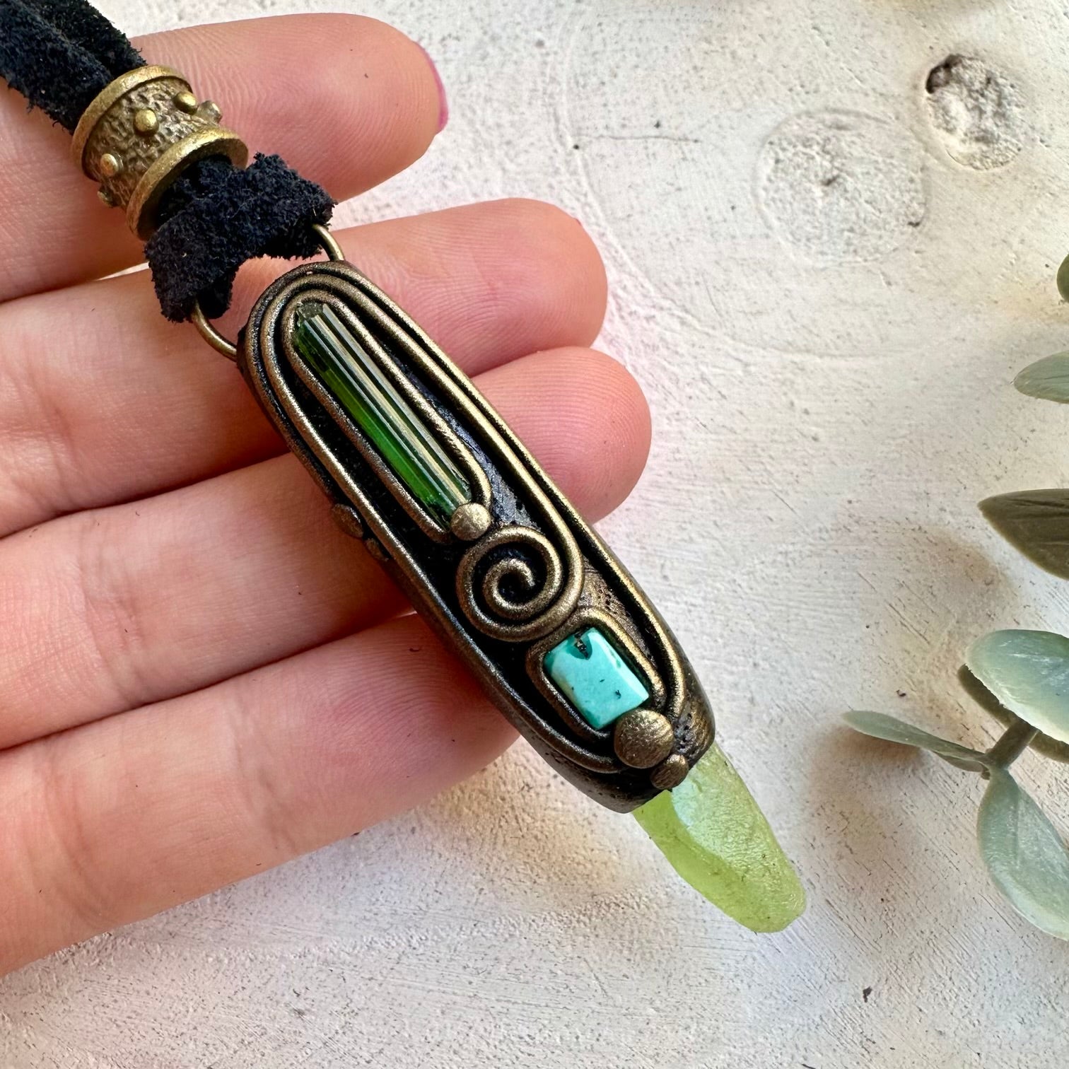 Peridot Necklace with Green Tourmaline & Tibetan Turquoise – Spiritual Healing Crystal Pendant