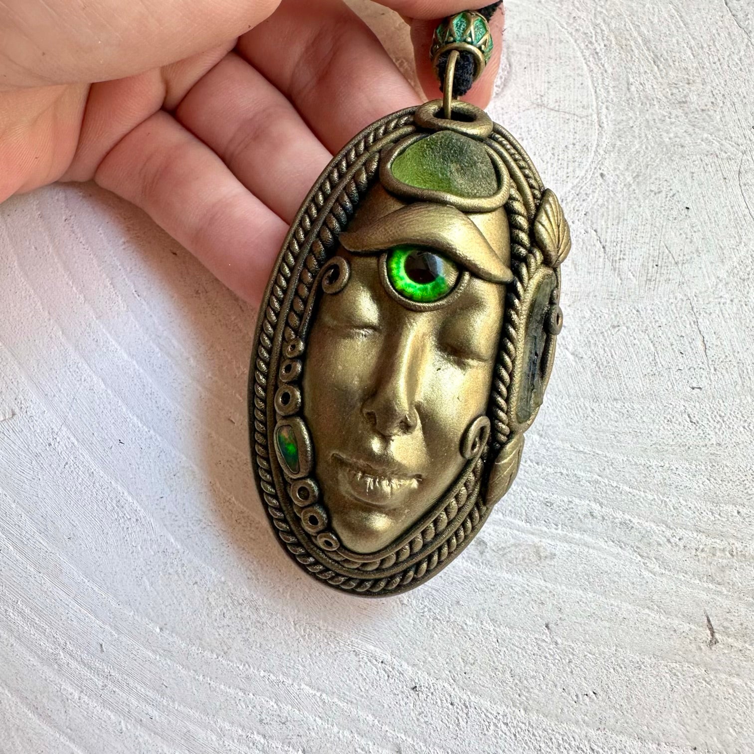 Peridot, Moldavite and Black Ethiopian Opal Third Eye Goddess necklace handcrafted with natural gemstones.