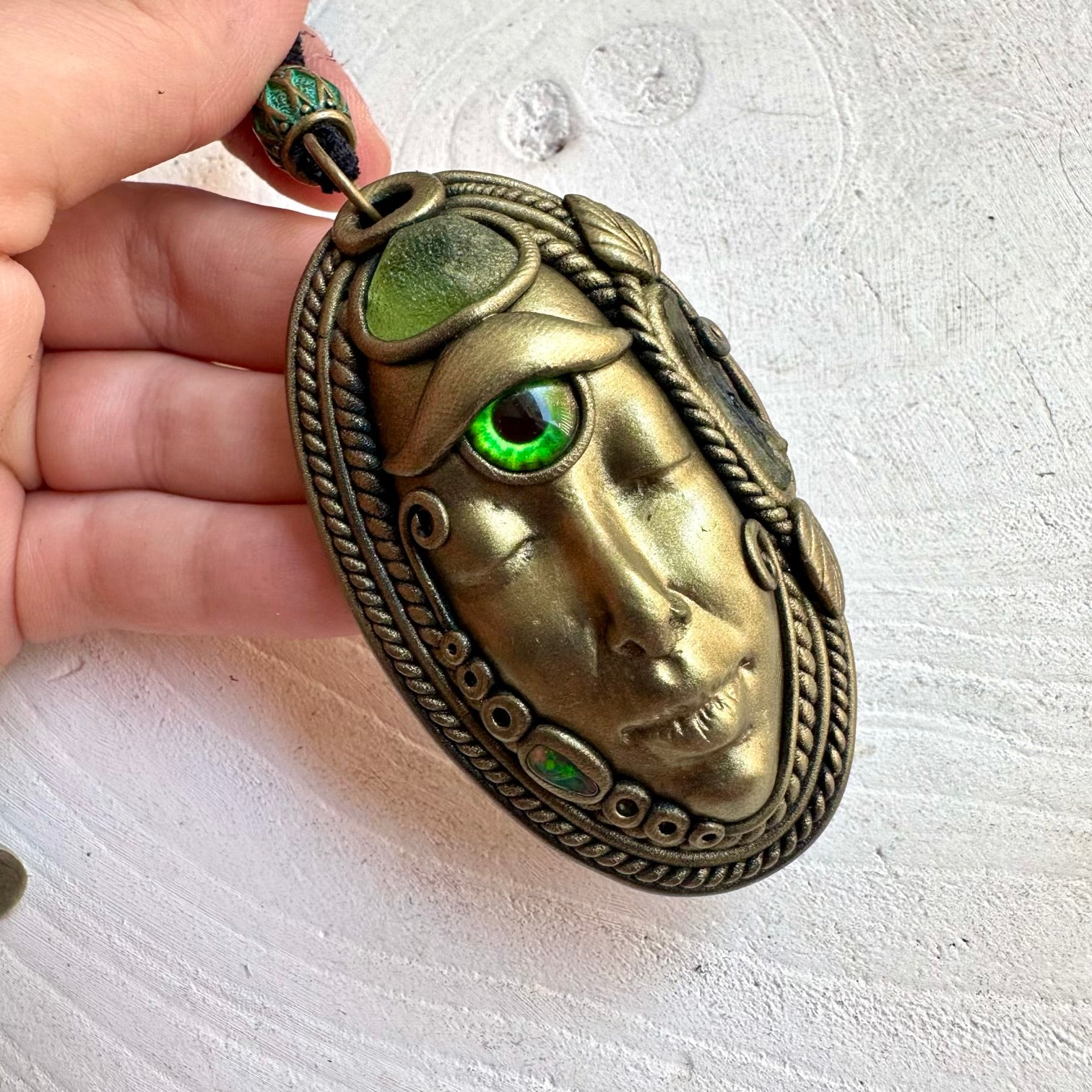 Handmade Goddess pendant featuring Peridot, Moldavite and Black Ethiopian Opal natural gemstones.