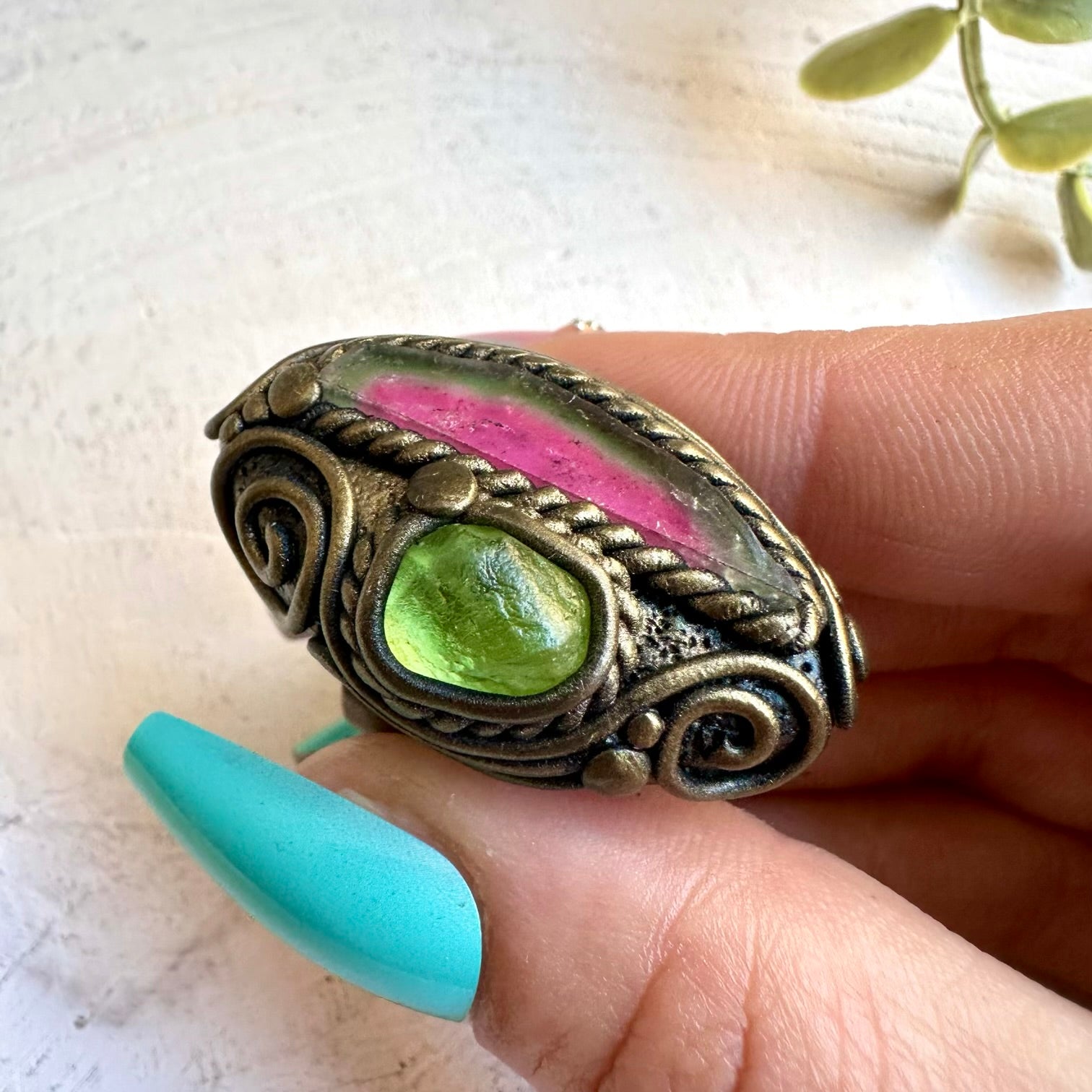 Natural gemstone ring with peridot and watermelon tourmaline