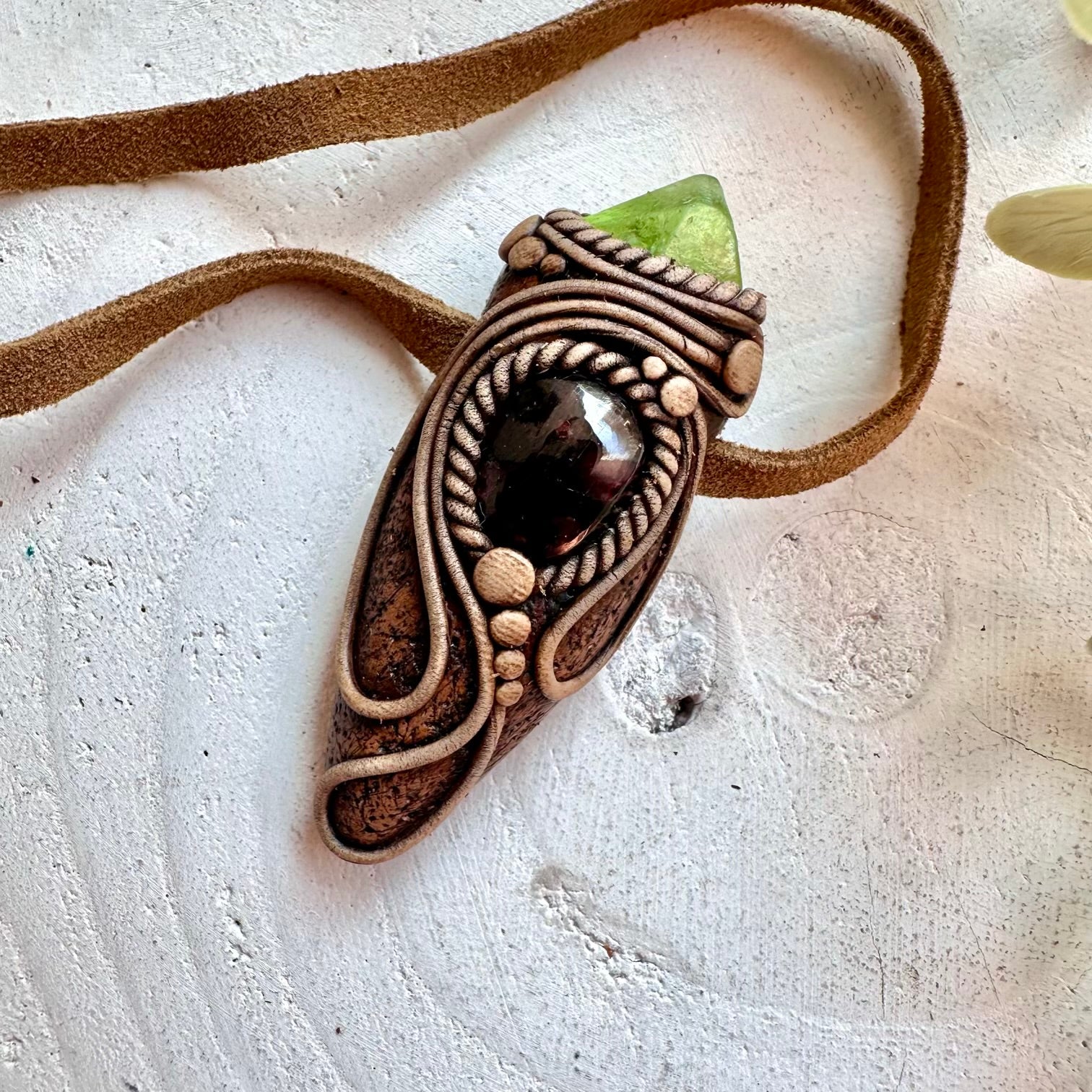Boho jewelry protection amulet crystal necklace with natural garnet and peridot