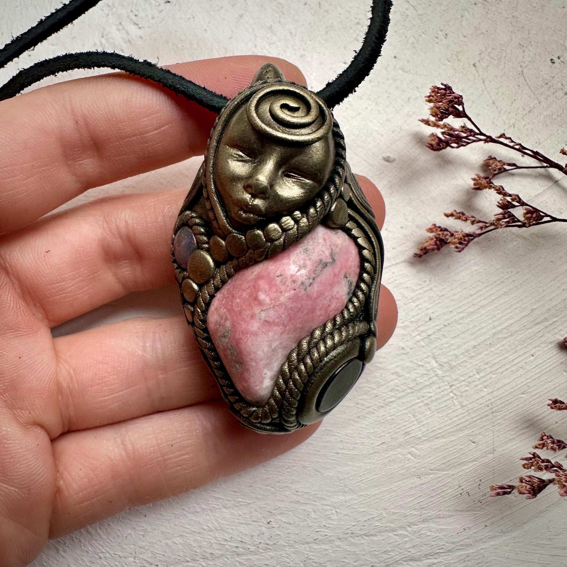 Peruvian Rhodonite Black Onyx and Black Opal Goddess Necklace - FairyGardenGlow