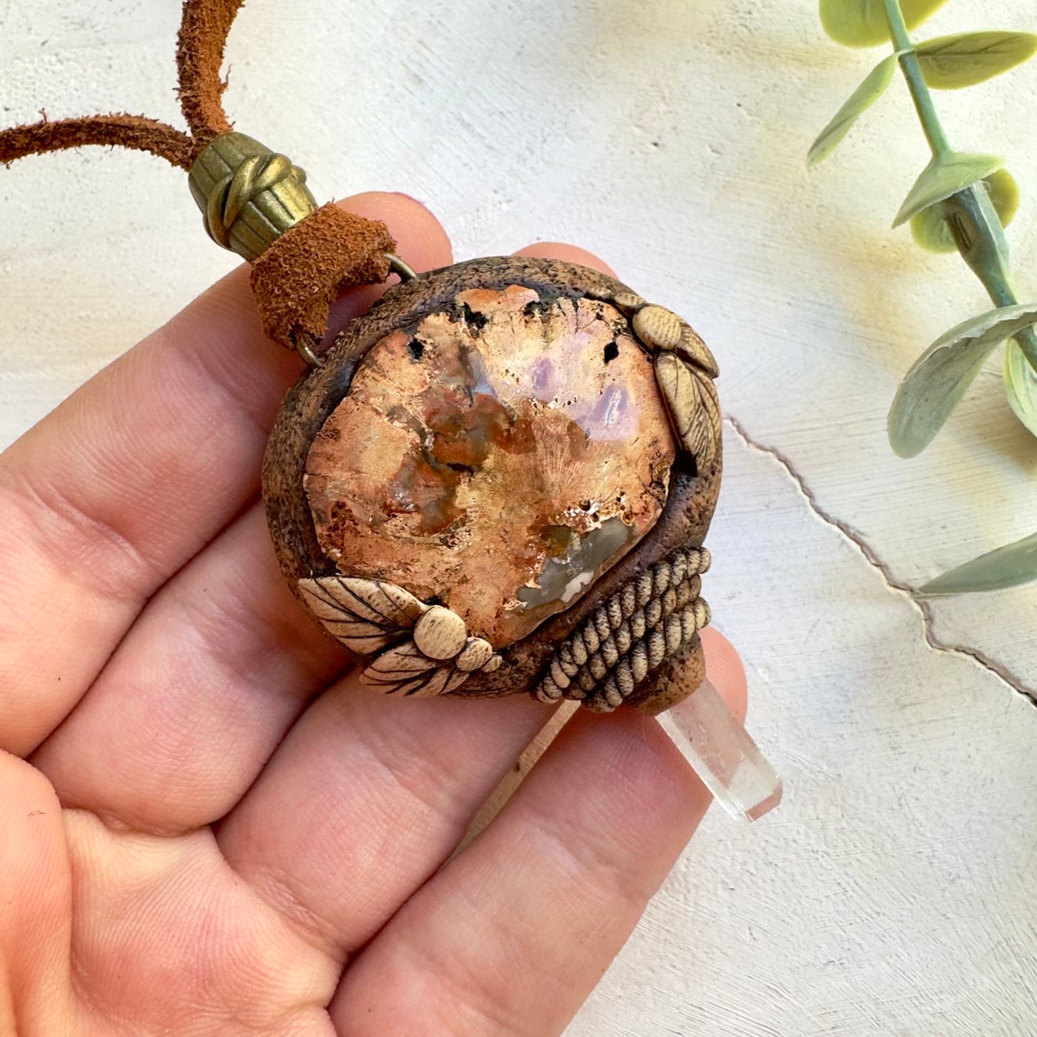 Petrified wood and aquamarine boho crystal necklace handmade with natural stones