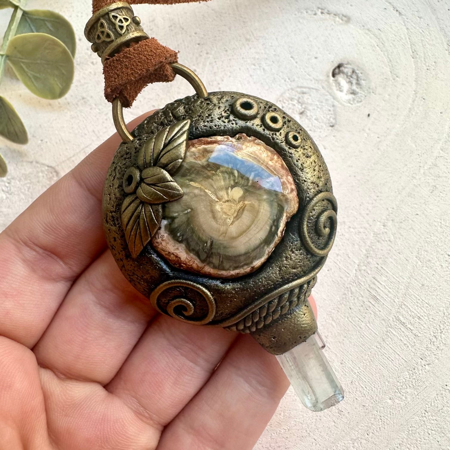 Petrified Wood and Aquamarine necklace handmade with natural gemstone and fossilized wood