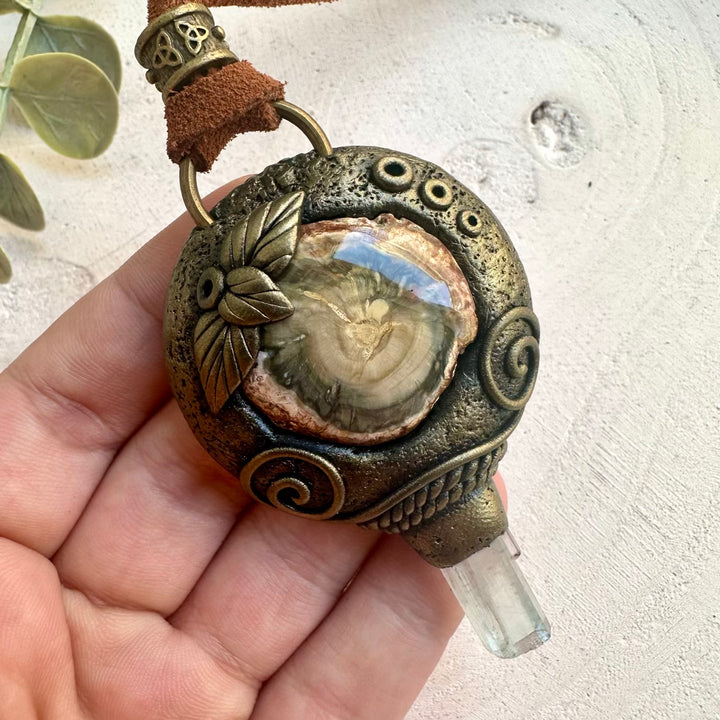Petrified Wood and Aquamarine necklace handmade with natural gemstone and fossilized wood