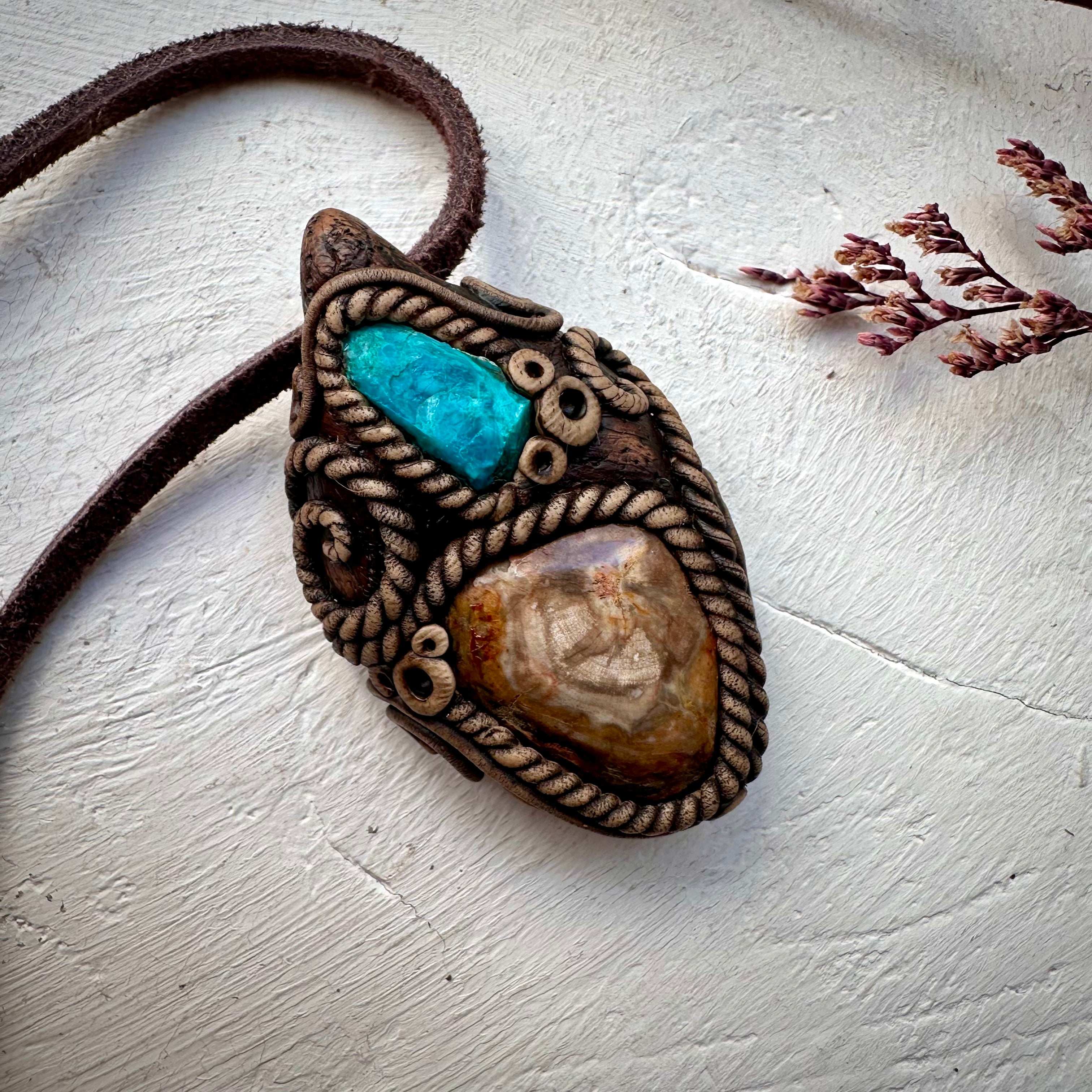 Petrified Wood and Chrysocolla Necklace - FairyGardenGlow