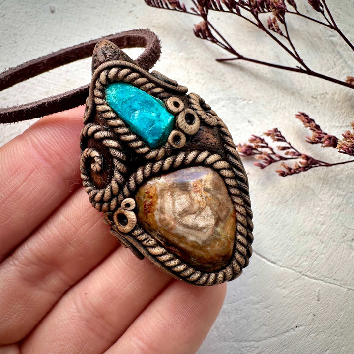Petrified Wood and Chrysocolla Necklace - FairyGardenGlow