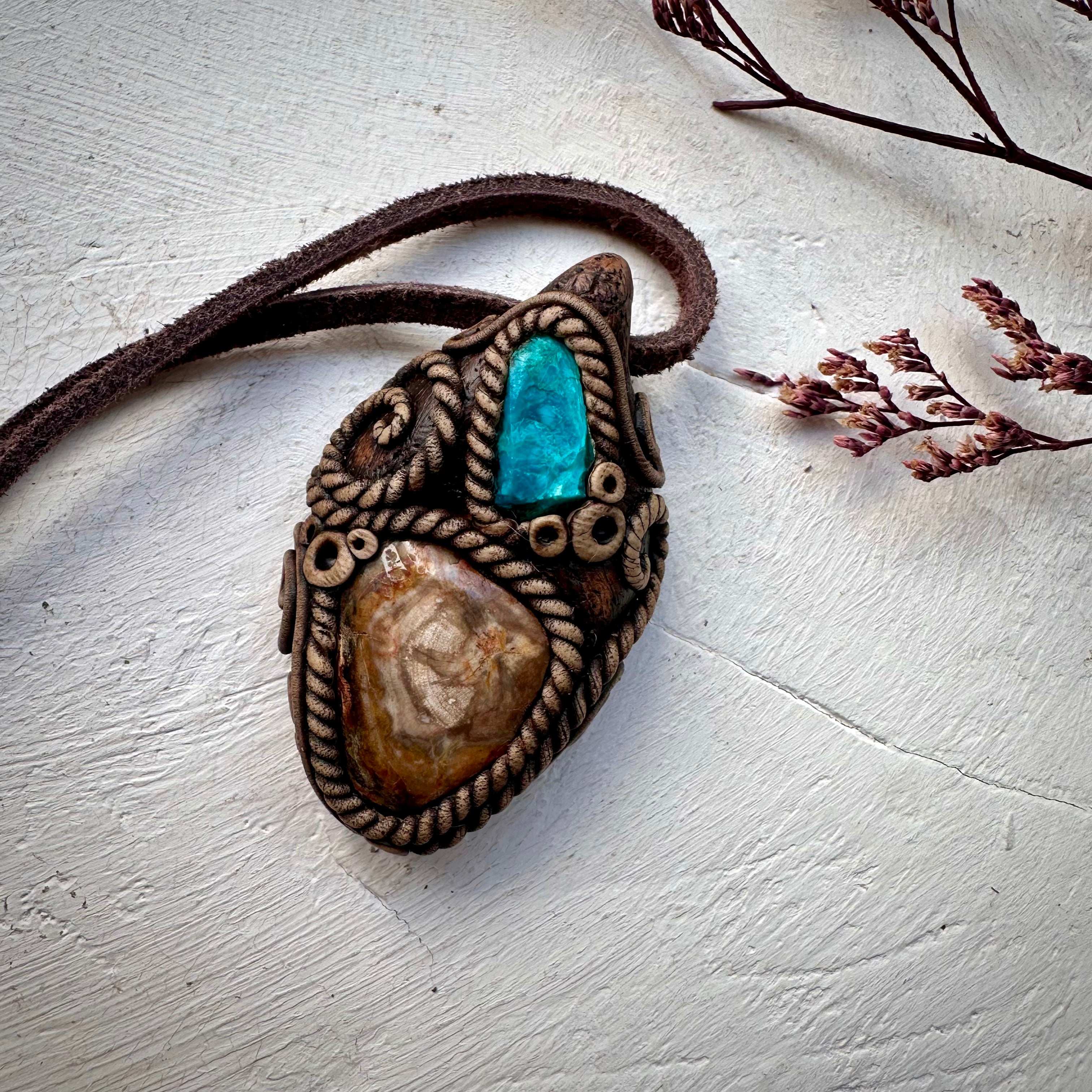Petrified Wood and Chrysocolla Necklace - FairyGardenGlow