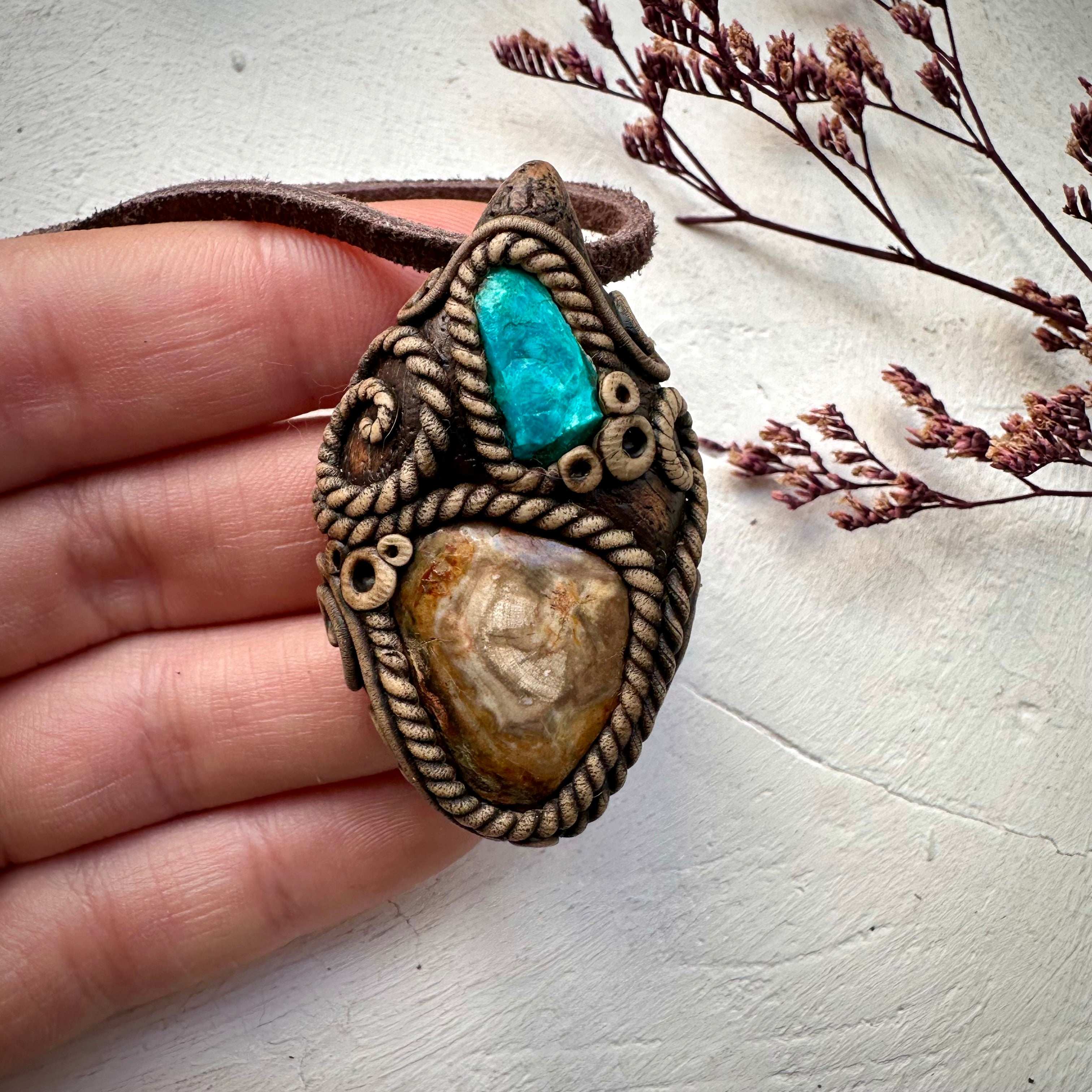 Petrified Wood and Chrysocolla Necklace - FairyGardenGlow