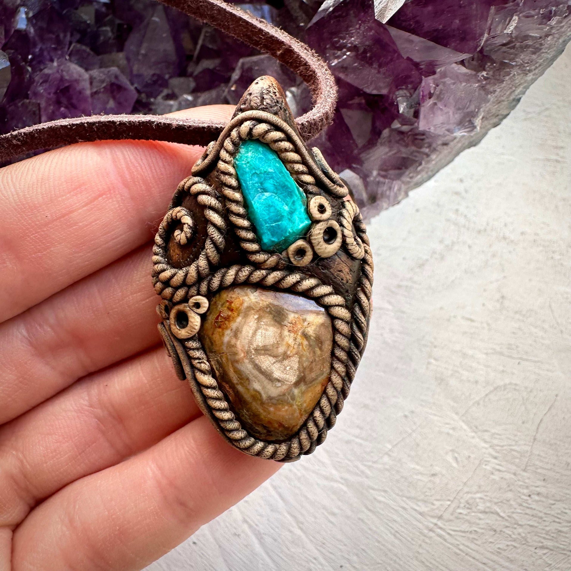 Petrified Wood and Chrysocolla Necklace - FairyGardenGlow