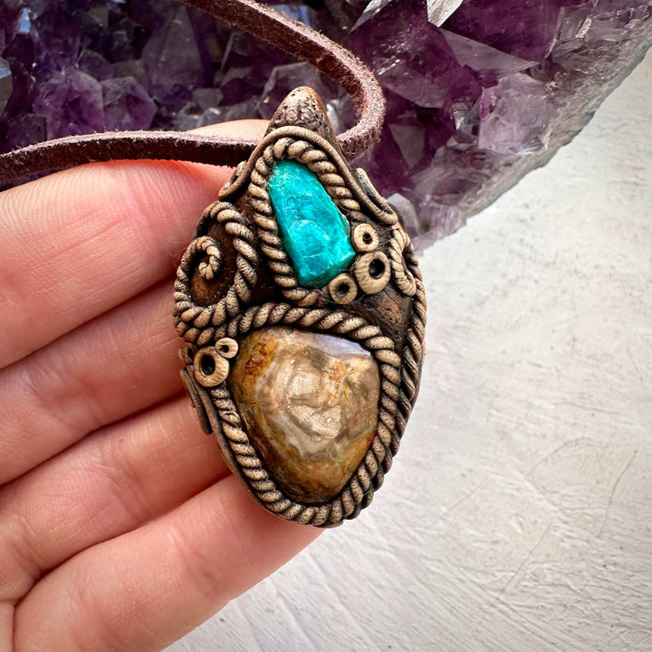 Petrified Wood and Chrysocolla Necklace - FairyGardenGlow