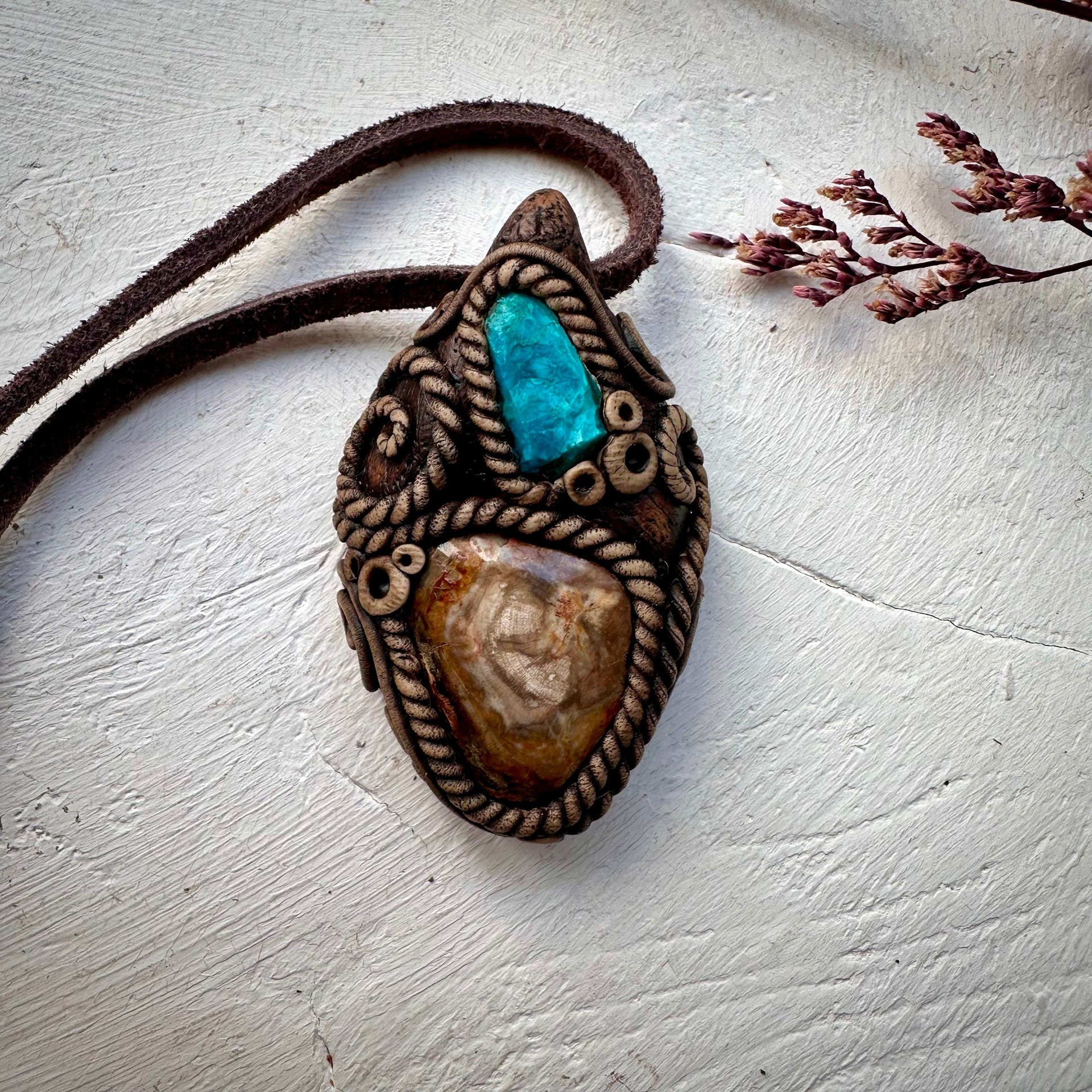 Petrified Wood and Chrysocolla Necklace - FairyGardenGlow