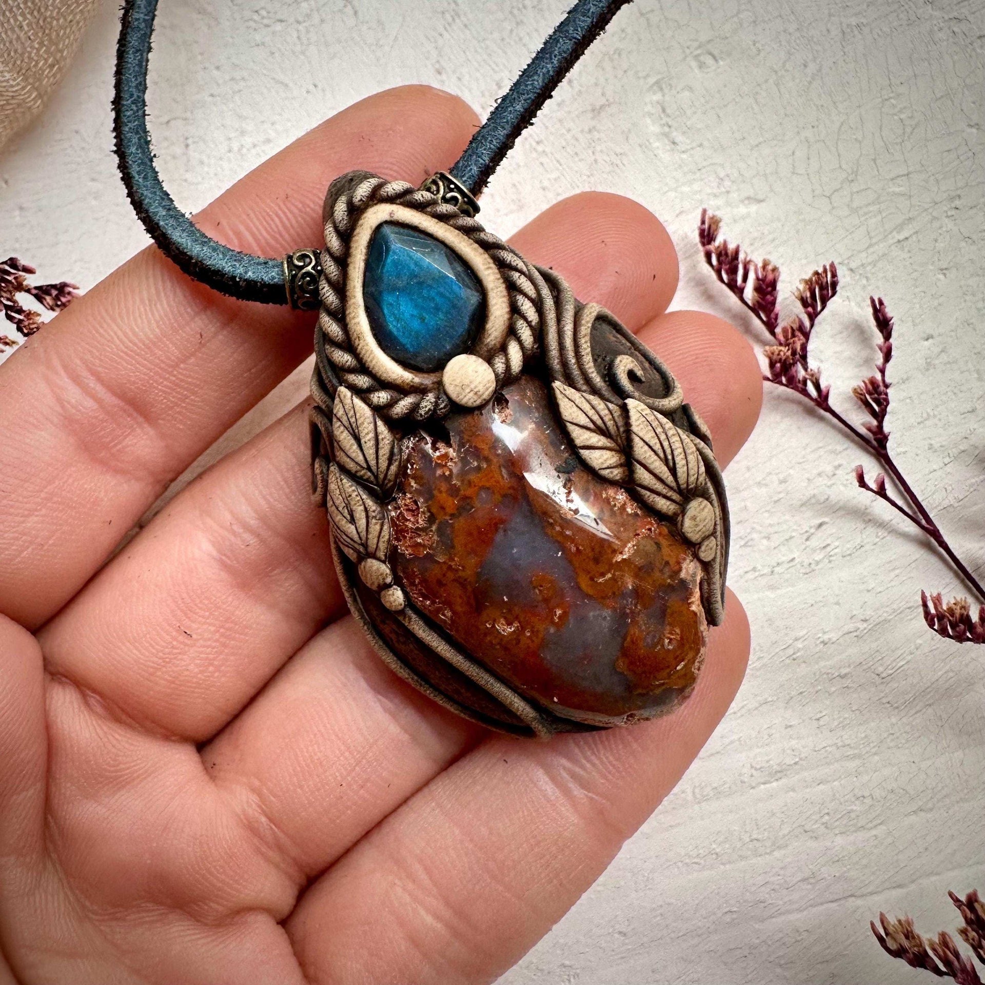 Petrified Wood and Labradorite Pendant Necklace - FairyGardenGlow