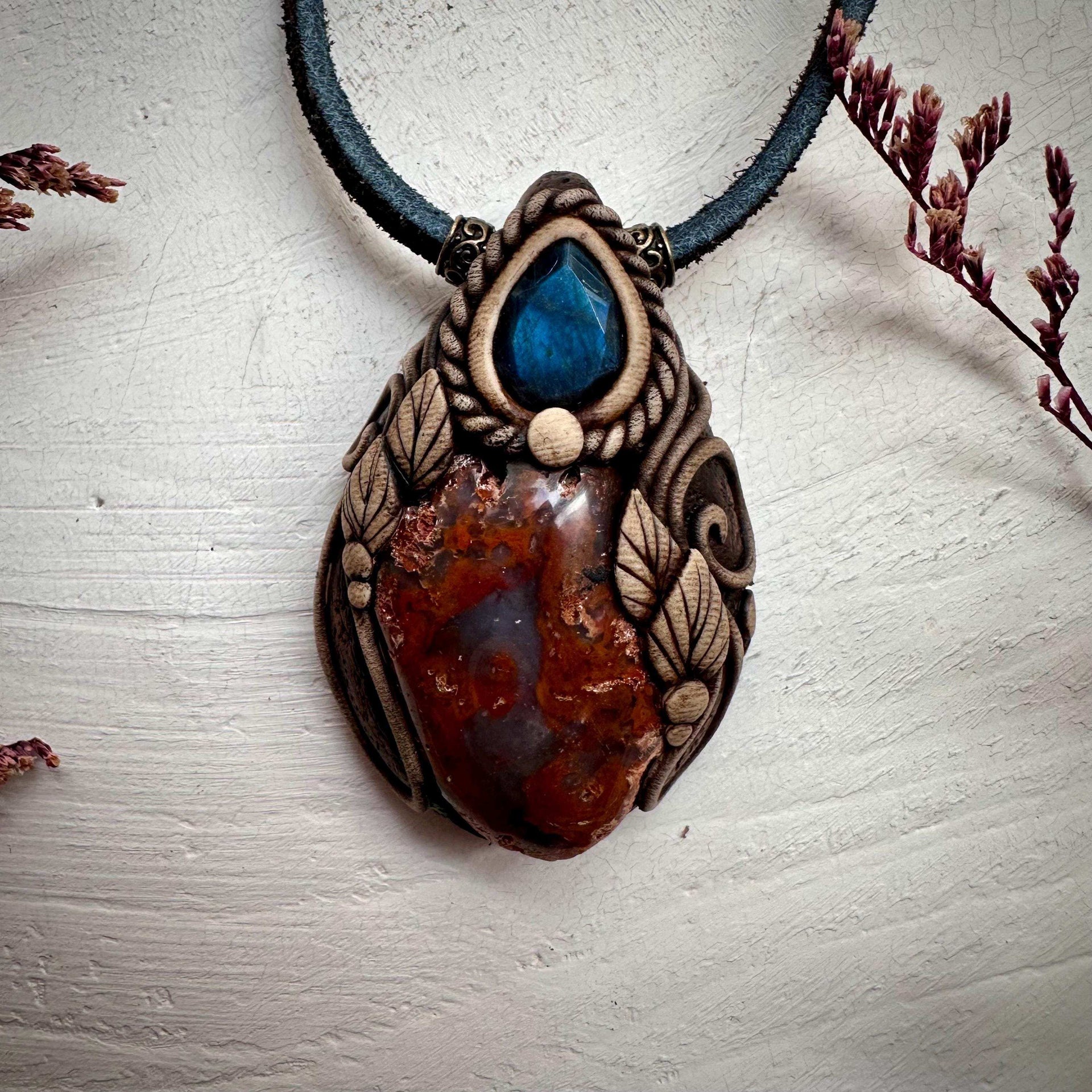 Petrified Wood and Labradorite Pendant Necklace - FairyGardenGlow