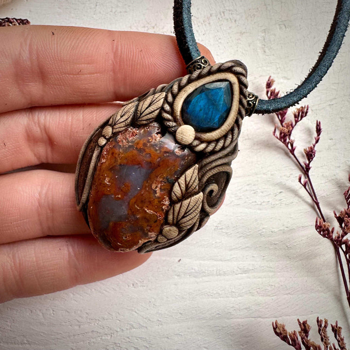 Petrified Wood and Labradorite Pendant Necklace - FairyGardenGlow