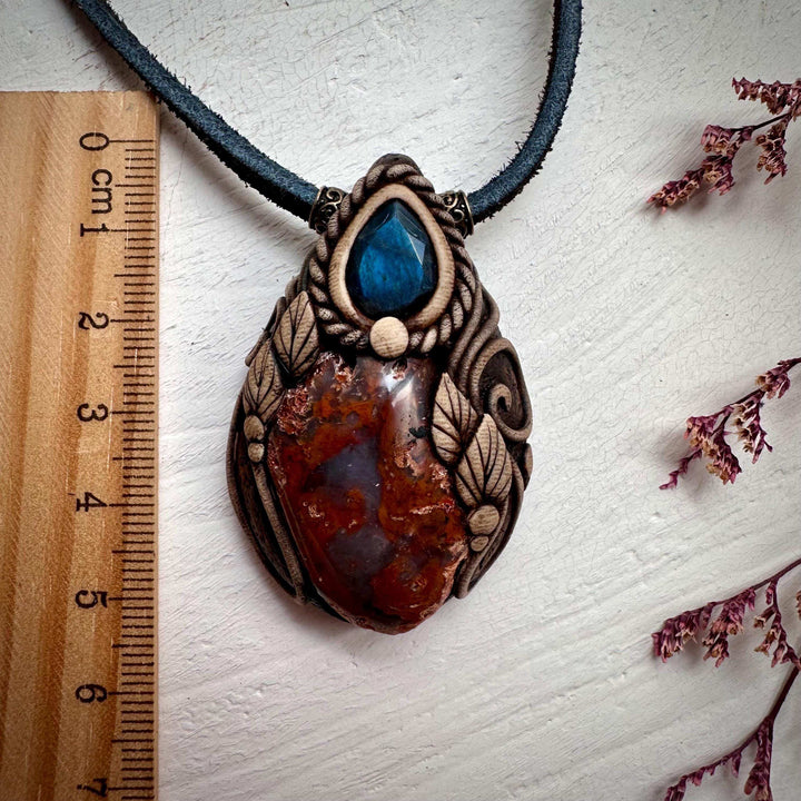 Petrified Wood and Labradorite Pendant Necklace - FairyGardenGlow