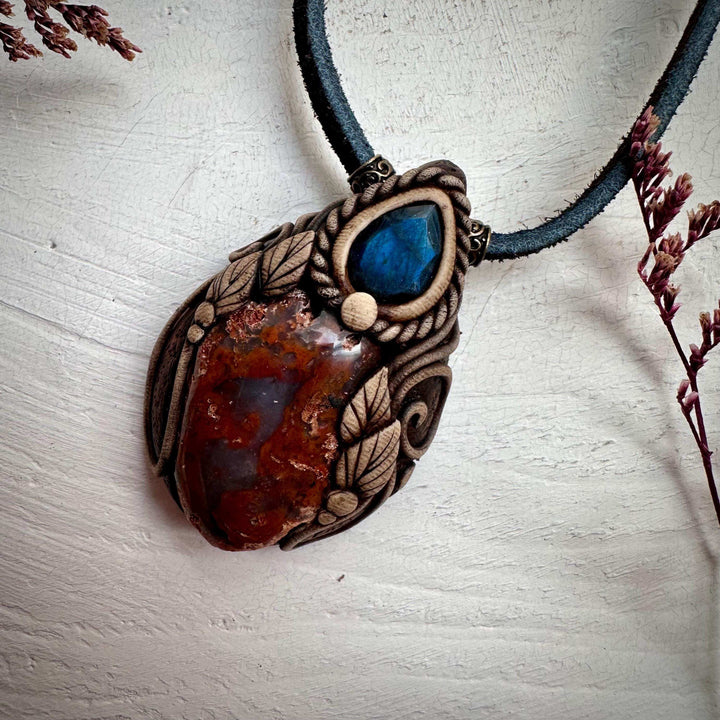 Petrified Wood and Labradorite Pendant Necklace - FairyGardenGlow